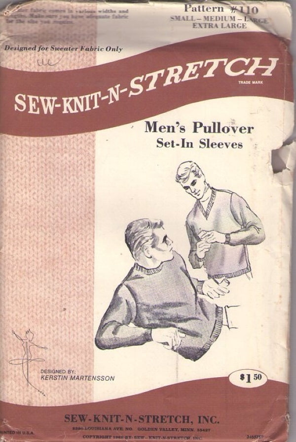 Sew Knit Stretch 110 Vintage 60's Sewing Pattern Men's Pullover Set In Sleeves Sweater, College, Rockabilly Size S-XL