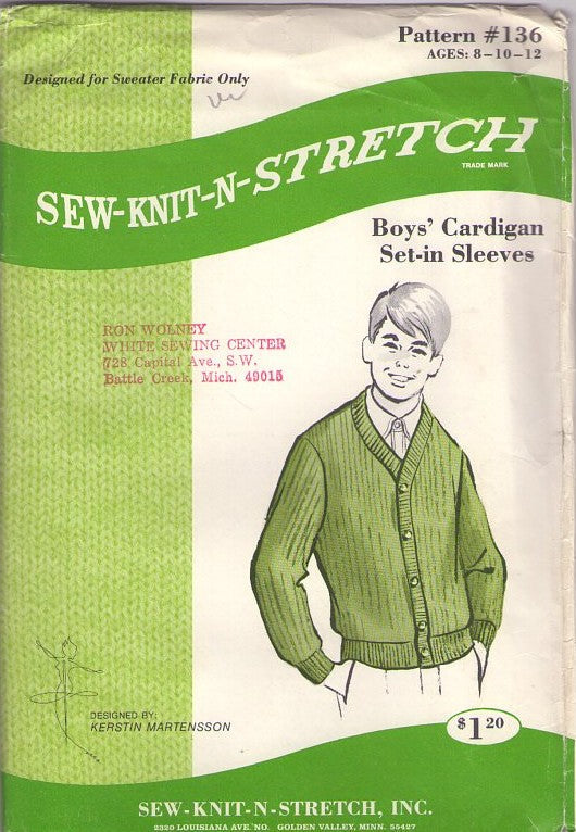 Sew Knit N Stretch 136 Vintage 60's Sewing Pattern Boys' Sweater, Grunge, Mister Rogers, Ribbed Cardigan Button Front Sweater with Set In Sleeves Size 8-12
