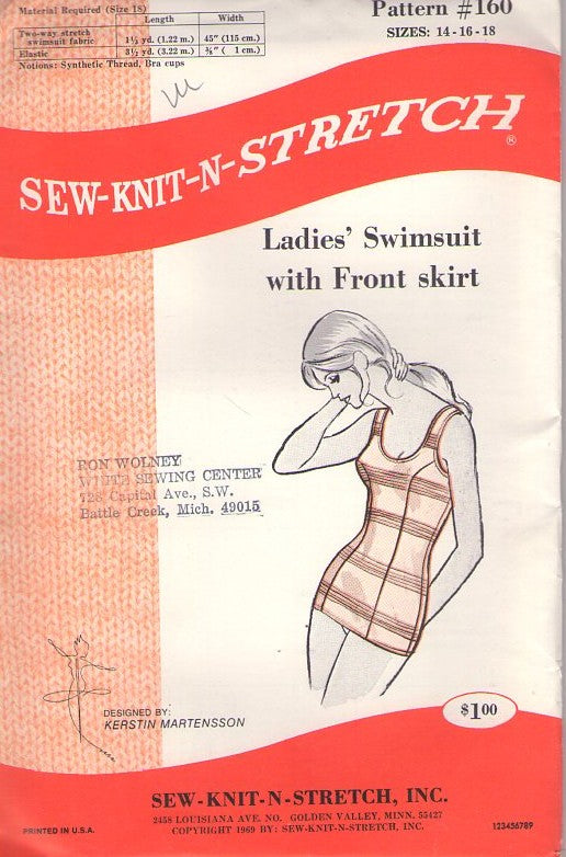 Sew Knit N Stretch 160 Vintage 60's Sewing Pattern Swimsuit, Rockabilly, VLV, Skirt Front, One Piece Swimsuit, Retro Bathing Suit Size 14-18