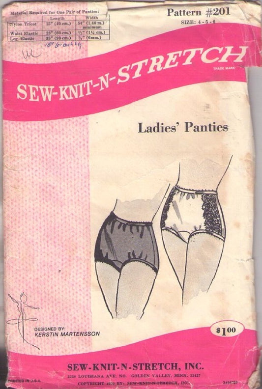 Sew Knit Stretch 201 Vintage 60's Sewing Pattern Modest Rockabilly Pinup High Waist Brief Panties, Solid or Lace Size 4-6