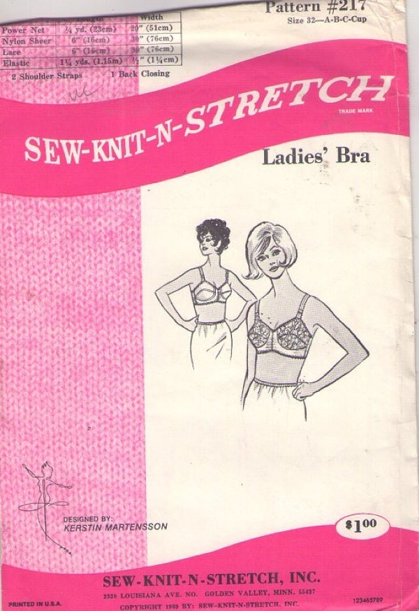 Sew Knit Stretch 217 Vintage 60's Sewing Pattern Ladies' Tricot and Nylon Lace Brassiere, Bra, Lingerie Size 32 Cups A-C