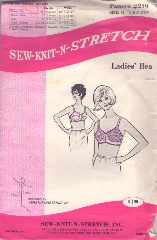 Sew Knit Stretch 219 Vintage 60's Sewing Pattern Ladies' Tricot and Nylon Lace Brassiere, Bra, Lingerie Size 36 Cups A-C