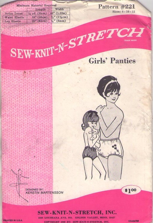 Sew Knit Stretch 221 Vintage 60's Sewing Pattern Girls' Modest Brief Panties, Underwear, School Lingerie Size 8-12
