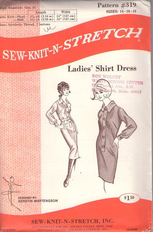 Sew Knit N Stretch 319 Vintage 70's Sewing Pattern Mod Dress, Secretary Day Dresses, Front Button Band Shirtdress, Shirt Dress Size 14-18