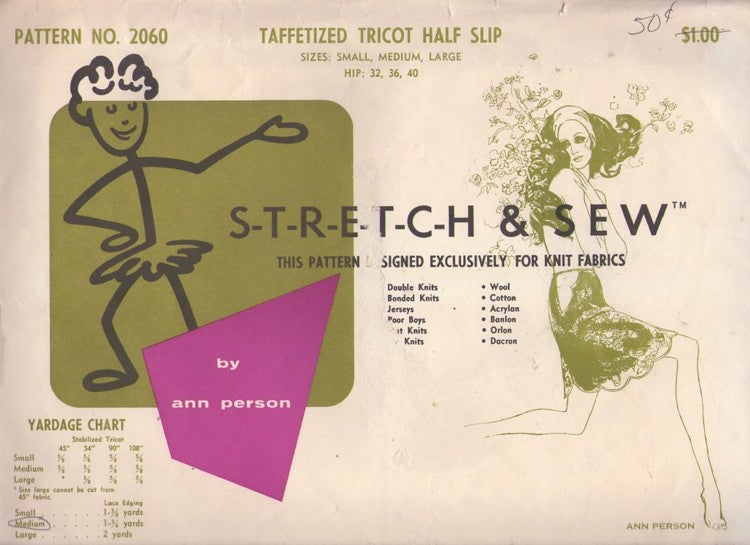 Stretch and Sew 2060 Vintage 60's Sewing Pattern Mod Lingerie, Taffetized Tricot, Half Skirt Slip Size S-M