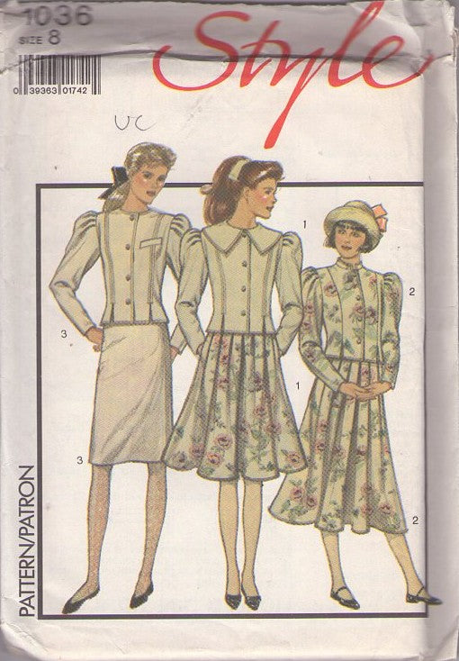 Style 1036 Vintage 80's Sewing Pattern Girl's Church Suit Dress, Pleated Sleeve Jacket Top, Slim or Pleats Skirt Size 8