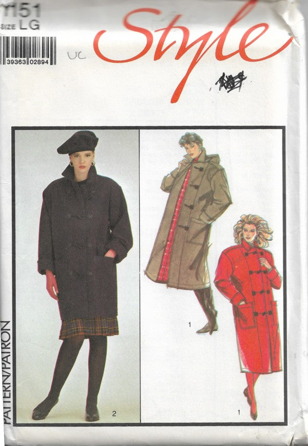 Style 1151 Vintage 80's Sewing Pattern Toggle Duffle Coat, Heavy Jacket Set, Hood, 3 Styles Size L