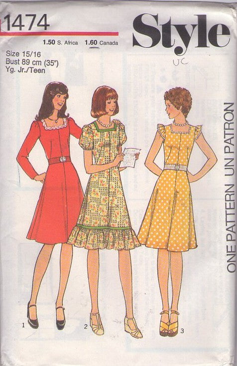 Style 1474 Vintage 70's Sewing Pattern Farmcore Dress, Square Neck Fit & Flared, Secretary, Summer, 3 Styles Size 15/16