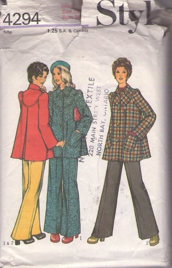 Style 4294 Vintage 70's Sewing Pattern Yoked Swingback Jacket, Smock Coat Top, Flared Pants Size 16