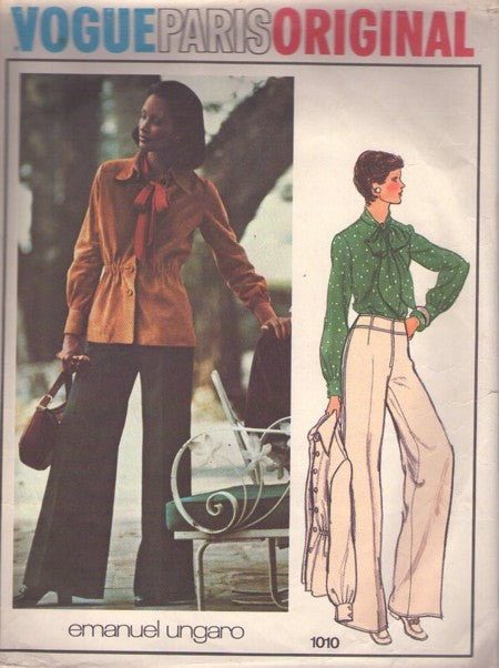Vogue 1010 Vintage 70's Sewing Pattern Designer Separates, Paris Original Emanuel Ungaro Stitch Trimmed Yoke Flared Slacks, Tie Collar Blouse, Fitted Waist Shirt Jacket Size 10
