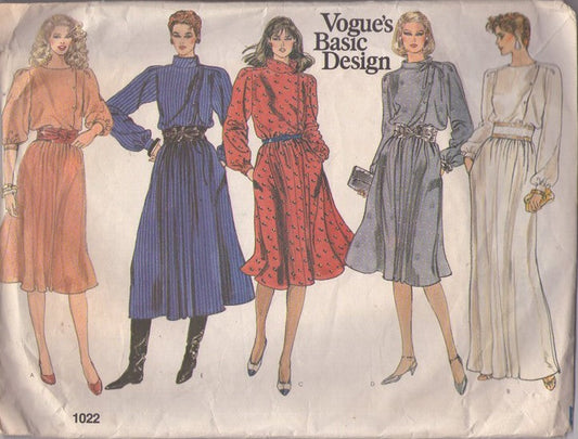 Vogue 1022 Vintage 80's Sewing Pattern Basic Design Dresses, Flared Secretary Dress, Avant Garde Evening Gown, Asymmetrical Bodice Size 12