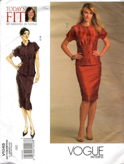Vogue 1045 Retro 2008 Sewing Pattern Multi Size 2 Piece Dress, Today's Fit by Sandra Betzina Blouse, Sheath Skirt ALL SIZES