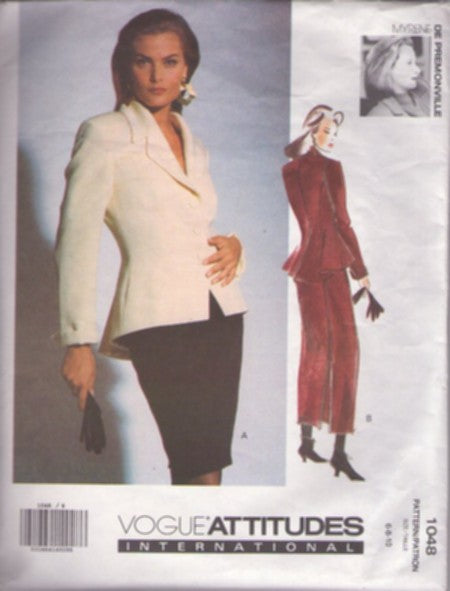 Vogue 1048 Retro 90's Sewing Pattern Designer Suit, Avant Garde Attitudes International, Myrene De Premonville Flared Peplum Career Suit Jacket Top, Back Slit Pencil Skirt Size 6-10 CUT