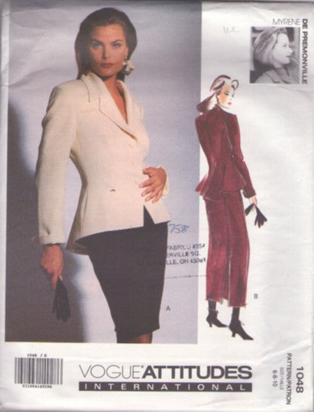 Vogue 1048 Retro 90's Sewing Pattern Designer Suit, Avant Garde Attitudes International, Myrene De Premonville Flared Peplum Career Suit Jacket Top, Back Slit Pencil Skirt Size 6-10 UNCUT