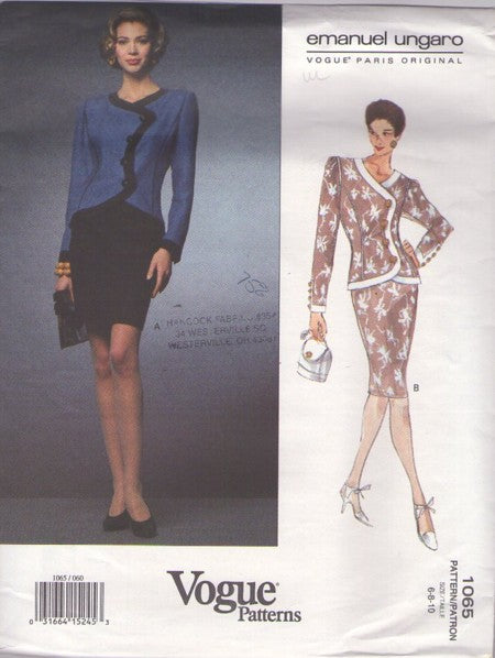 Vogue 1065 Vintage 90's Sewing Pattern Designer Suit Dress, Paris Original Emanuel Ungaro Fitted Shaped Band Trim Power Suit Jacket Top, Slim Sheath Skirt Size 6-10