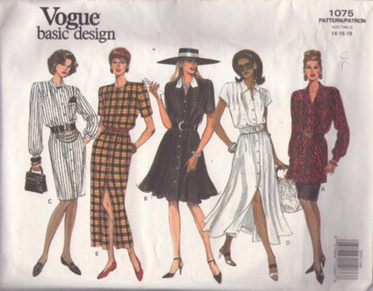 Vogue 1075 Vintage 90's Sewing Pattern Button Front Dress, Basic Design, Pretty Woman, Secretary Sheath or Flared Dress, Short or Midi, Tunic Top Blouse & Skirt Size 14-18