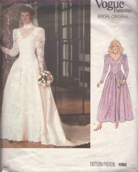 Vogue 1092 Vintage 80's Sewing Pattern Bridal Original Dress, Basque Waist Bridesmaid, Prom Formal Gown, Wedding Dress, Petticoat Slip 2 Styles Size 10