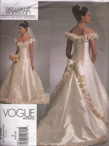 Vogue 1095 Retro 2009 Sewing Pattern Wedding Gown, Designer Original, Bellville Sassoon, Bride Dress, Off Shoulder, Back Buttons, Bow Trimmed Train Dress Size 6-10