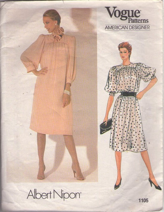Vogue 1105 Vintage 80's Sewing Pattern Secretary Dress, American Designer Albert Nipon Balloon Bouffant Puff Sleeves Secretary Dress, Party Dress & Scarf Size 10