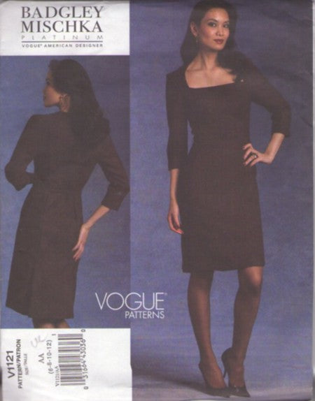 Vogue 1121 Retro 2008 Sewing Pattern American Designer Dresses, Badgley Mischka Platinum Vampy Curve Hugging Seam Details Cocktail Party Dress Size 6-12 UNCUT