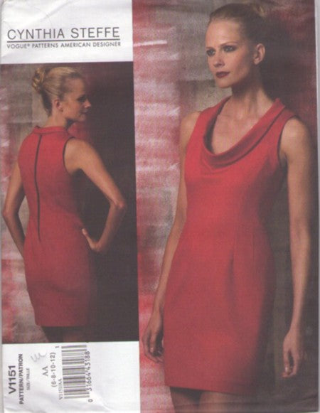 Vogue 1151 Retro 2009 Sewing Pattern Party Dress, American Designer Cynthia Steffe, Deep Collared, Cowl Neck, Fitted Cocktail Dress, Short Mini Tapered with Cutaway Arm Size 6-12