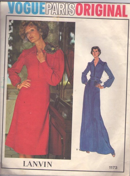 Vogue 1173 Vintage 70's Sewing Pattern Paris Original Dress, Designer Jeanne Lanvin, Pointed Collar, Button Loop Bodice, Day Dress, Long Hostess Evening Maxi Gown Size 12