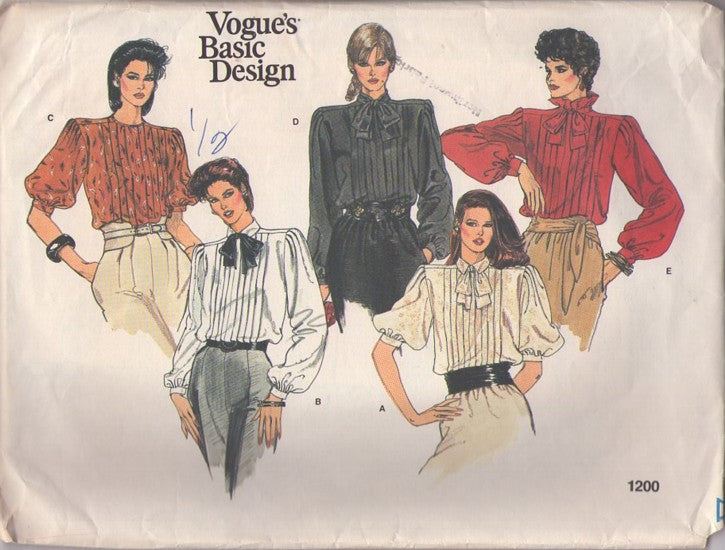 Vogue 1200 Retro 90's Sewing Pattern Blouse Set, Basic Design, Vertical Pin Tucks, Modest Secretary Blouses, Boxy Shirt Set 5 Styles Size 12