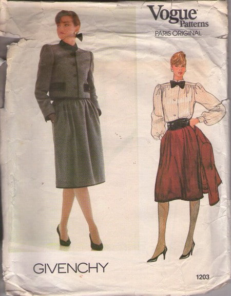Vogue 1203 Vintage 80's Sewing Pattern Paris Original Designer Givenchy, Suit Separates, Blouse, Jacket, Skirt Size 12