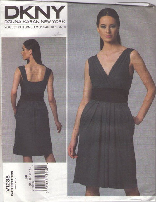 Vogue 1235 Retro 2011 Sewing Pattern American Designer Dress, Donna Karan New York DKNY, Gathered Midriff, V Neck Surplice, Bare Back Cocktail Party Dress Size 8-14