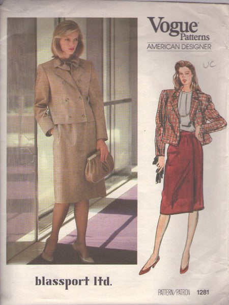 Vogue 1281 Vintage 80's Sewing Pattern American Designer Suit, Blassport Ltd Double Breasted Cropped Suit Jacket, Front Wrap Skirt with Pockets Size 10