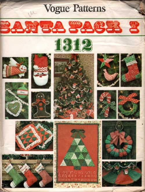 Vogue 1312 Vintage 70's Sewing Pattern Santa Pack 1, MCM Christmas Holiday Decorations, Stockings, Ornaments, Wreath & MORE
