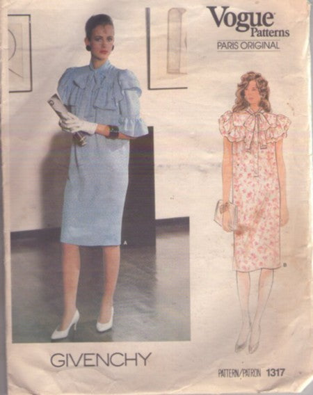 Vogue 1317 Vintage 80's Sewing Pattern Straight Fit Dress, Paris Original Designer Givenchy, Button Band, Loose Dress, Yoke & Sleeve Ruffles Size 14