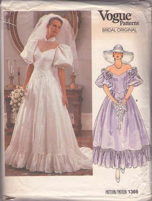 Vogue 1366 Vintage 80's Sewing Pattern Bridal Original Gown, Puff Sleeve, Basque Waist, Chapel Train Dress, Bridesmaid Southern Belle Formal & Wedding Petticoat Slip Size 10