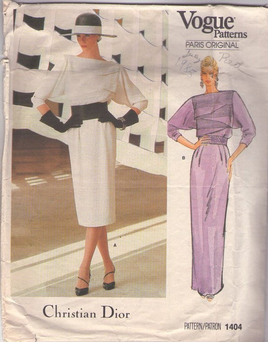 Vogue 1404 Vintage 80's Sewing Pattern Paris Original Dress, Designer Christian Dior Avant Garde Tucks & Pleats Bodice Derby Day Cocktail Party Dress, Batwing Evening Event Gown Size 10