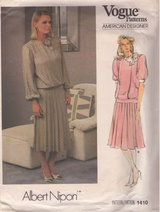 Vogue 1410 Vintage 80's Sewing Pattern Secretary Dress, American Designer Original, Albert Nipon Great Gatsby Victorian Style Downton Abbey Day Dress with Knife Pleated Skirt Size 10