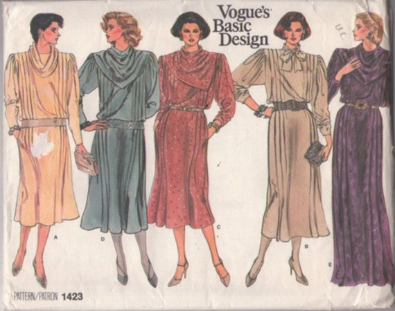 Vogue 1423 Vintage 80's Sewing Pattern Basic Design Dress Set, Straight Fitting Pressed Pleats 30s Glam Style Evening Gown, Secretary Party Dress, 5 Styles Size 12