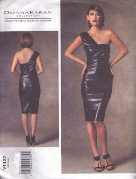 Vogue 1427 Retro 2014 Sewing Pattern Bodycon Dress, Kardashian Vibes, American Designer Donna Karan Collection, One Shoulder Avant Garde Shirred Holiday Cocktail Party Dress, Evening Gown Size 14-22