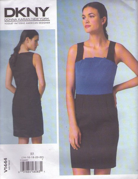 Vogue 1444 Retro 2015 Sewing Pattern Party Dress, American Designer Donna Karan, New York DKNY Fan Bust Color Block Cocktail Party Dress Size 14-22