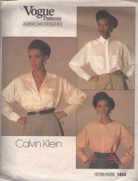 Vogue 1455 Vintage 80's Sewing Pattern Secretary Blouses, American Designer Calvin Klein, Collared Dress or Secretary Blouse, Shirt Set 3 Styles Size 10