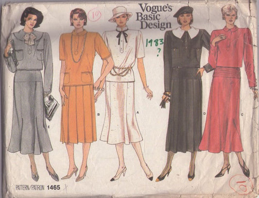 Vogue 1465 Vintage 80's Sewing Pattern Basic Designs, Oversized Blouse, Fluted, Pleated or Hip Yoke Skirt, 2 Piece Dress Gatsby Style Size 10