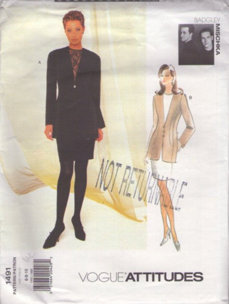 Vogue 1491 Vintage 90's Sewing Pattern Designer Suit Dress, Attitudes Badgley Mischka, Career Power Suit, Long Over the Hips Collarless Jacket, Slim Sheath Skirt Size 6-10