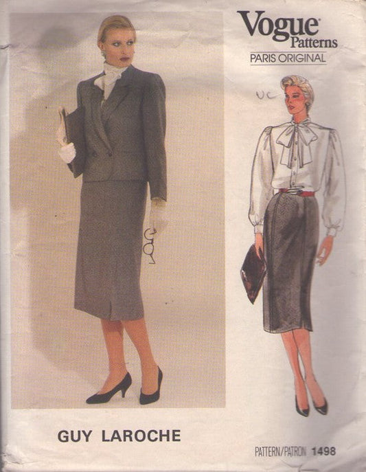 Vogue 1498 Vintage 80's Sewing Pattern Suit Separates, Paris Original Designer Guy Laroche, Tie Collar Blouse, Slim Panel Skirt, Oversized Hip Jacket Size 10