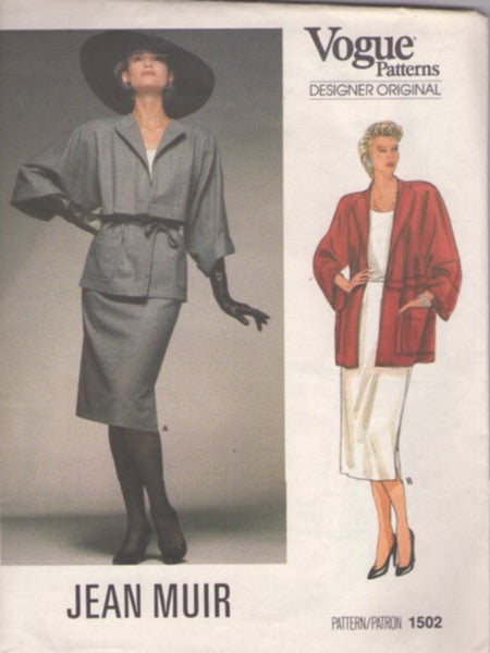 Vogue 1502 Vintage 80's Sewing Pattern Career Jacket, Skirt, Designer Original Jean Muir, Oversized Kimono Sleeve Suit Jacket, Coat, Slim Skirt Size 10