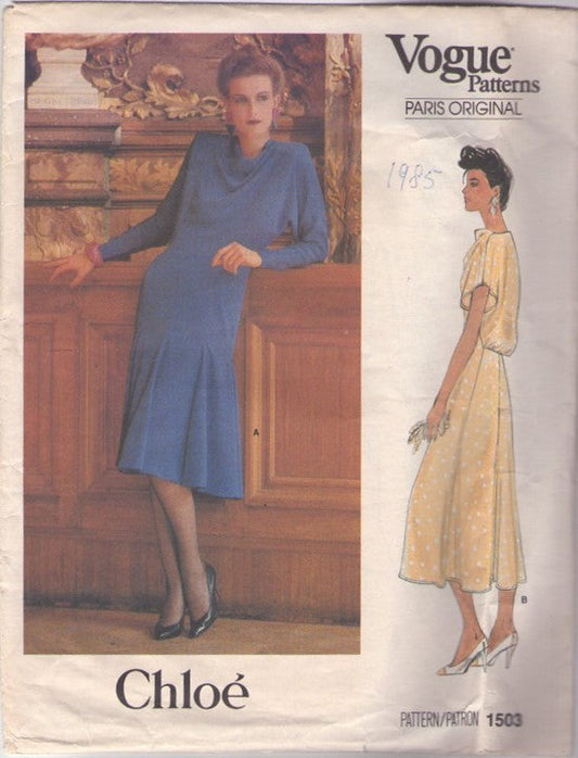 Vogue 1503 Vintage 80's Sewing Pattern Paris Original Dress, Designer Chloe Avant Garde Cocktail Party Dress, Mermaid Fitted Front, Blouson Back Bodice, Batwing Sleeves Size 10