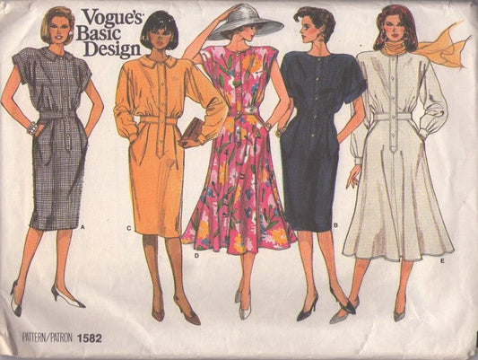 Vogue 1582 Vintage 80's Sewing Pattern Basic Design Dress, Step In Button Band Career Slim or Flared Skirt Dress Set 5 Styles Size 8-12