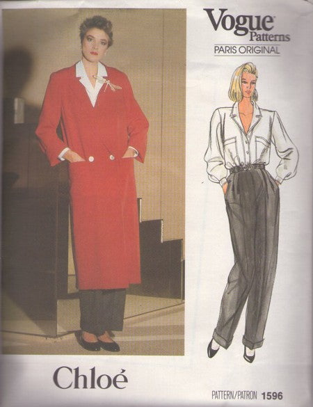 Vogue 1596 Vintage 80's Sewing Pattern Career Separates, Paris Original Designer Chloe, Long Slim Double Breasted Coat, Stylist Jacket, Fly Front Pleated Trousers & Blouse Size 10
