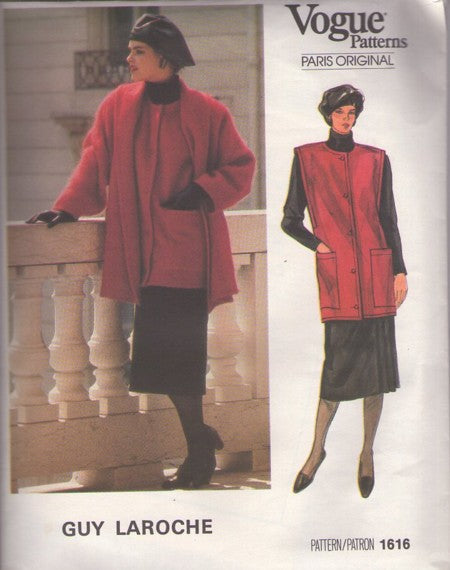 Vogue 1616 Vintage 80's Sewing Pattern Suit Set, Paris Original Designer Guy Laroche Oversized Long Vest Jacket, Mohair Coat, Wrap Around Kilt Skirt Size 10
