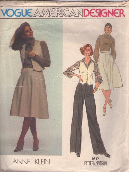 Vogue 1617 Vintage 70's Sewing Pattern Secretary Separates, American Designer Anne Klein Casual Secretary Vest Jacket, Pleated Slacks, Yoked Skirt & Blouse Size 10