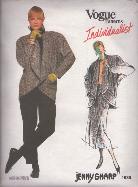 Vogue 1639 Vintage 80's Sewing Pattern Designer Separates, Individualist Designer Jenny Sharp, Shaped Flat Front Lapels Jacket, Oversized Coat, Contour Waist Skirt & Pants Size 10