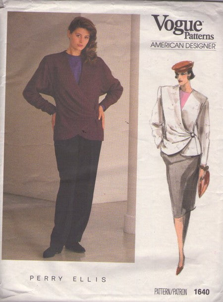 Vogue 1640 Vintage 80's Sewing Pattern American Designer Separates, Perry Ellis, Ruched Wrap Front, Long Suit Jacket, Slim Skirt, Pants Size 12